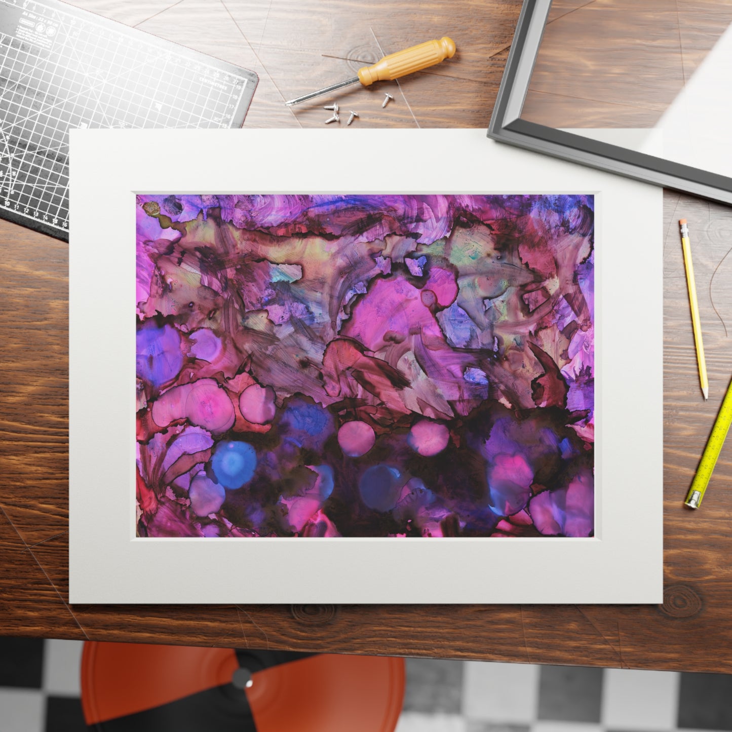 Abstract Purple Ink Art Print with White Passepartout — Fine Art Wall Decor